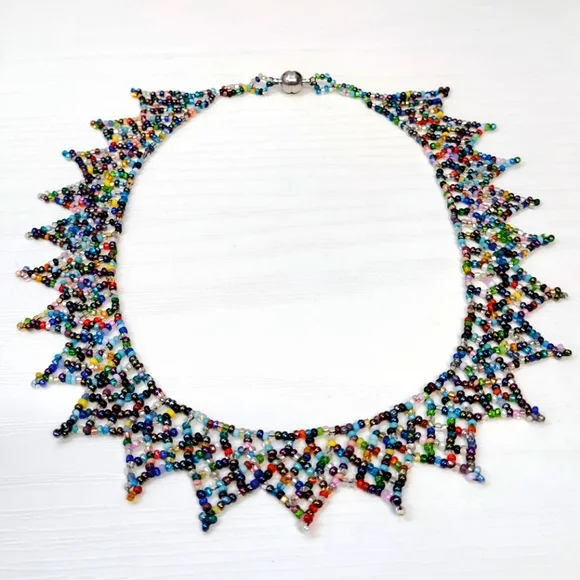 Handcrafted Glass Seed Bead Collar Necklace Rainbow Lace Sunburst Pattern 16" - Picture 1 of 10